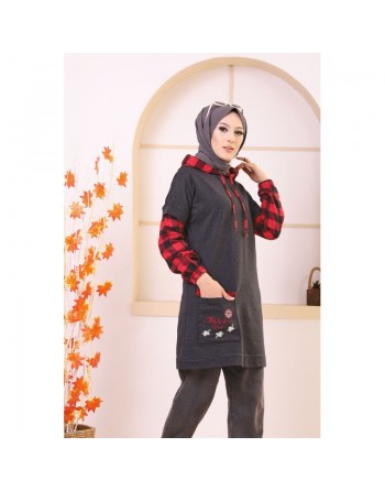 Tunique bicolore brodée avec capuche (Vêtement moderne pour femme Hijab - Nouveauté ) - Couleur anthracite et rouge 