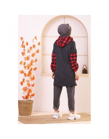 Tunique bicolore brodée avec capuche (Vêtement moderne pour femme Hijab - Nouveauté ) - Couleur anthracite et rouge 