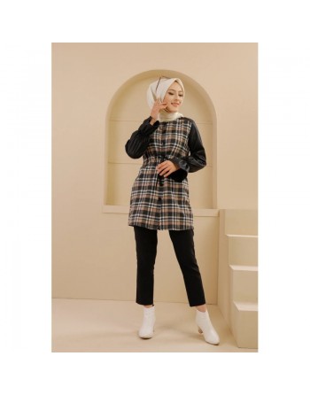 Tunique à carreaux et skaï pour femme (Vêtement Hijab - Nouveauté) - Couleur noir et beige 