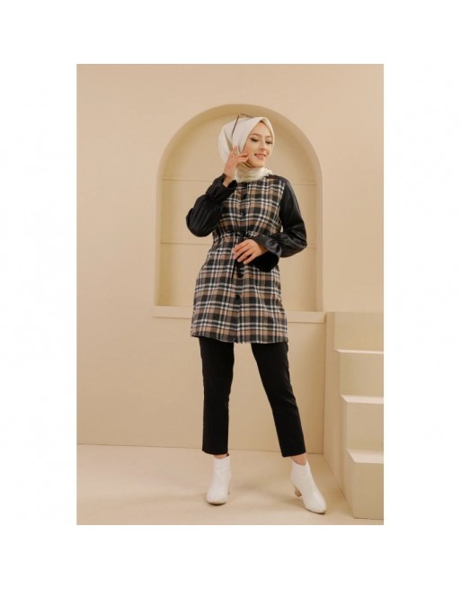 Tunique à carreaux et skaï pour femme (Vêtement Hijab - Nouveauté) - Couleur noir et beige Tunique à carreaux et skaï pour femme (Vêtement Hijab - Nouveauté) - Couleur noir et beige