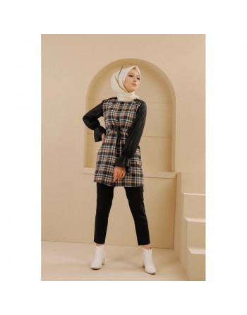 Tunique à carreaux et skaï pour femme (Vêtement Hijab - Nouveauté) - Couleur noir et beige 