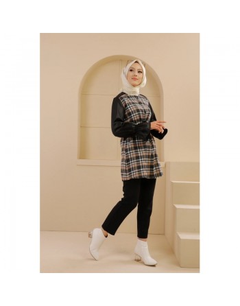 Tunique à carreaux et skaï pour femme (Vêtement Hijab - Nouveauté) - Couleur noir et beige 