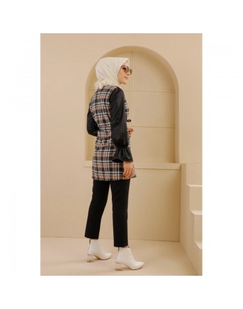 Tunique à carreaux et skaï pour femme (Vêtement Hijab - Nouveauté) - Couleur noir et beige 