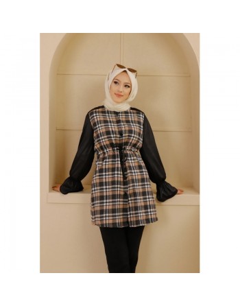 Tunique à carreaux et skaï pour femme (Vêtement Hijab - Nouveauté) - Couleur noir et beige 