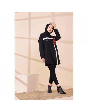 Tunique moderne avec poche à carreaux pour femme (Sweat style fashion mode musulmane) - Couleur noir 