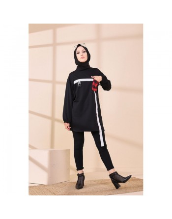 Tunique moderne avec poche à carreaux pour femme (Sweat style fashion mode musulmane) - Couleur noir 