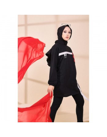 Tunique moderne avec poche à carreaux pour femme (Sweat style fashion mode musulmane) - Couleur noir 