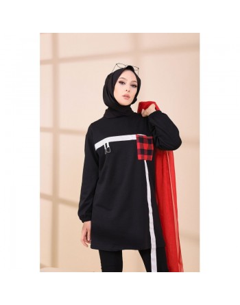 Tunique moderne avec poche à carreaux pour femme (Sweat style fashion mode musulmane) - Couleur noir 