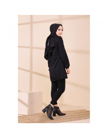 Tunique moderne avec poche à carreaux pour femme (Sweat style fashion mode musulmane) - Couleur noir 