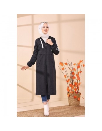 Gilet long décontracté avec capuche pour femme musulmane - Couleur anthracite 