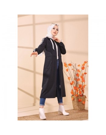 Gilet long décontracté avec capuche pour femme musulmane - Couleur anthracite 