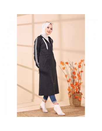 Gilet long décontracté avec capuche pour femme musulmane - Couleur anthracite 