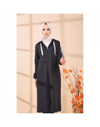 Gilet long décontracté avec capuche pour femme musulmane - Couleur anthracite 
