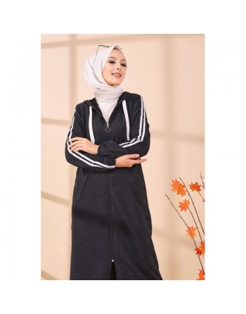 Gilet long décontracté avec capuche pour femme musulmane - Couleur anthracite 