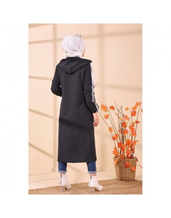 Gilet long décontracté avec capuche pour femme musulmane - Couleur anthracite 
