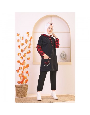 Tunique bicolore brodée avec capuche pour femme (Vêtement Hijab moderne - Nouveau Style) - Couleur noir et rouge 