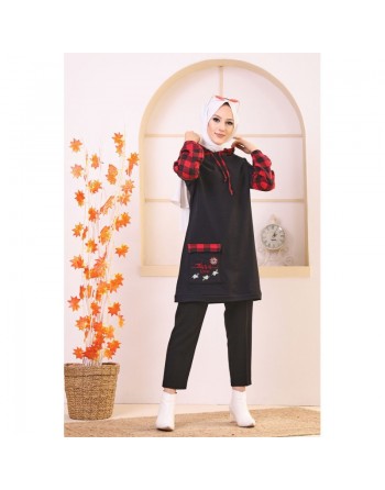 Tunique bicolore brodée avec capuche pour femme (Vêtement Hijab moderne - Nouveau Style) - Couleur noir et rouge 