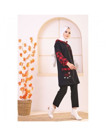 Tunique bicolore brodée avec capuche pour femme (Vêtement Hijab moderne - Nouveau Style) - Couleur noir et rouge 