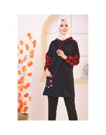 Tunique bicolore brodée avec capuche pour femme (Vêtement Hijab moderne - Nouveau Style) - Couleur noir et rouge 