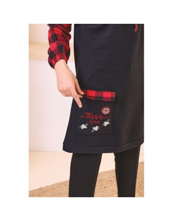 Tunique bicolore brodée avec capuche pour femme (Vêtement Hijab moderne - Nouveau Style) - Couleur noir et rouge 