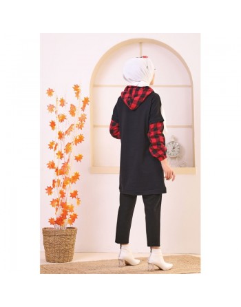 Tunique bicolore brodée avec capuche pour femme (Vêtement Hijab moderne - Nouveau Style) - Couleur noir et rouge 