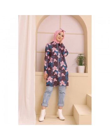 Ensemble deux pièces Tunique et Veste imprimées pour femme (Tenue Hijab) - Couleur prune avec motifs fleurs rose et bleu 