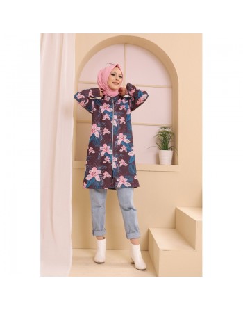 Ensemble deux pièces Tunique et Veste imprimées pour femme (Tenue Hijab) - Couleur prune avec motifs fleurs rose et bleu 