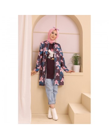 Ensemble deux pièces Tunique et Veste imprimées pour femme (Tenue Hijab) - Couleur prune avec motifs fleurs rose et bleu 