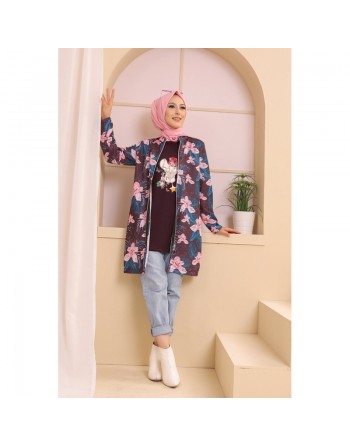 Ensemble deux pièces Tunique et Veste imprimées pour femme (Tenue Hijab) - Couleur prune avec motifs fleurs rose et bleu 