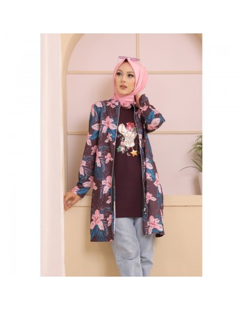 Ensemble deux pièces Tunique et Veste imprimées pour femme (Tenue Hijab) - Couleur prune avec motifs fleurs rose et bleu 