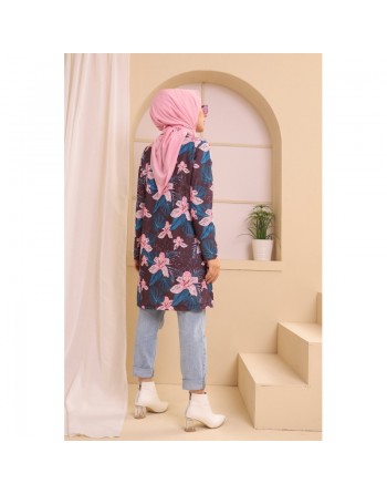 Ensemble deux pièces Tunique et Veste imprimées pour femme (Tenue Hijab) - Couleur prune avec motifs fleurs rose et bleu 