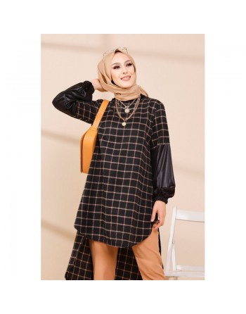 Tunique longue à rayures pour femme (Vetement Hijab) - Couleur noir et bronze 