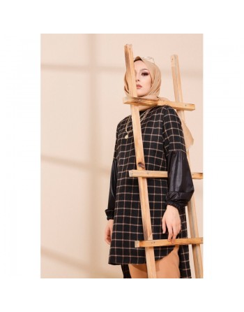 Tunique longue à rayures pour femme (Vetement Hijab) - Couleur noir et bronze 