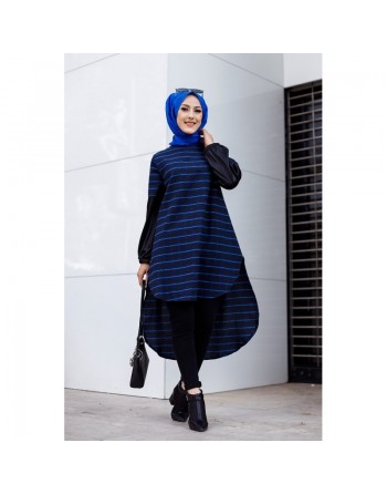Tunique longue à rayures (Vetement femme voilée) - Couleur noir et bleu 