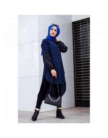 Tunique longue à rayures (Vetement femme voilée) - Couleur noir et bleu 