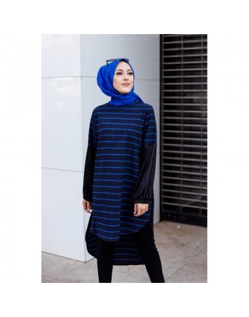Tunique longue à rayures (Vetement femme voilée) - Couleur noir et bleu 