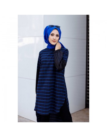 Tunique longue à rayures (Vetement femme voilée) - Couleur noir et bleu 