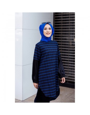 Tunique longue à rayures (Vetement femme voilée) - Couleur noir et bleu 
