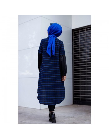 Tunique longue à rayures (Vetement femme voilée) - Couleur noir et bleu 