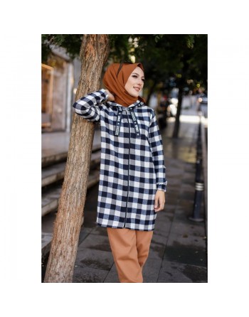 Veste-Tunique casual zippée à capuche - Couleur bleu marin et écru 