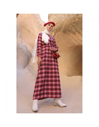 Robe à carreaux (Vetement hijab moderne) - Couleur anthracite et rouge 