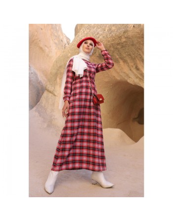 Robe à carreaux (Vetement hijab moderne) - Couleur anthracite et rouge 
