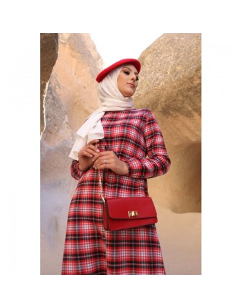 Robe à carreaux (Vetement hijab moderne) - Couleur anthracite et rouge 