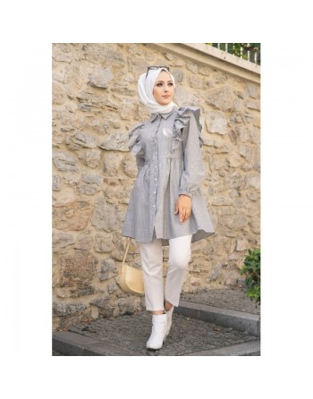 Tunique-chemise à volants ample pour femme (Vêtement Hijab - Nouveauté) - Couleur des rayures noir et blanc 