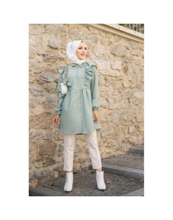 Tunique-chemise à volants ample pour femme (Vêtements pour Hijabs - Nouveautés) - Couleur des rayures vert et blanc 