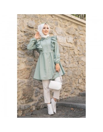 Tunique-chemise à volants ample pour femme (Vêtements pour Hijabs - Nouveautés) - Couleur des rayures vert et blanc 