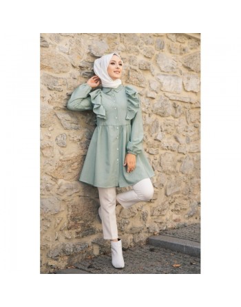 Tunique-chemise à volants ample pour femme (Vêtements pour Hijabs - Nouveautés) - Couleur des rayures vert et blanc 