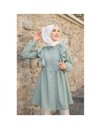Tunique-chemise à volants ample pour femme (Vêtements pour Hijabs - Nouveautés) - Couleur des rayures vert et blanc 