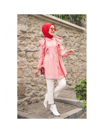 Tunique-chemise à volants ample pour femme (Vêtement pour Hijab - Nouvelle collection) - Couleur des rayures rouge et blanc 