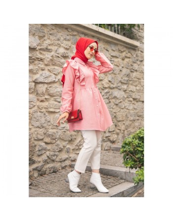 Tunique-chemise à volants ample pour femme (Vêtement pour Hijab - Nouvelle collection) - Couleur des rayures rouge et blanc 